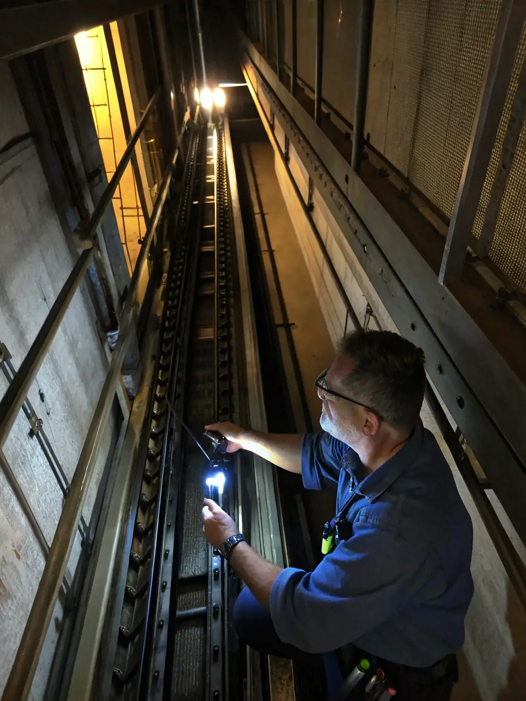A maintenance worker using a tablet with Safetyeasy software to inspect an elevator shaft, showcasing the efficiency and ease of access to information.