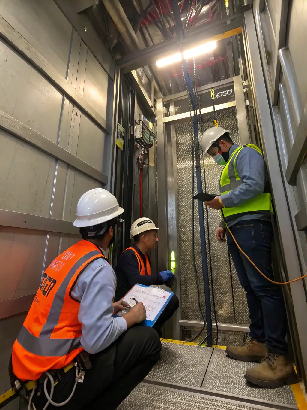 An image of a diverse team of elevator technicians collaborating around a large screen displaying Safetyeasy data, emphasizing teamwork and informed decision-making.